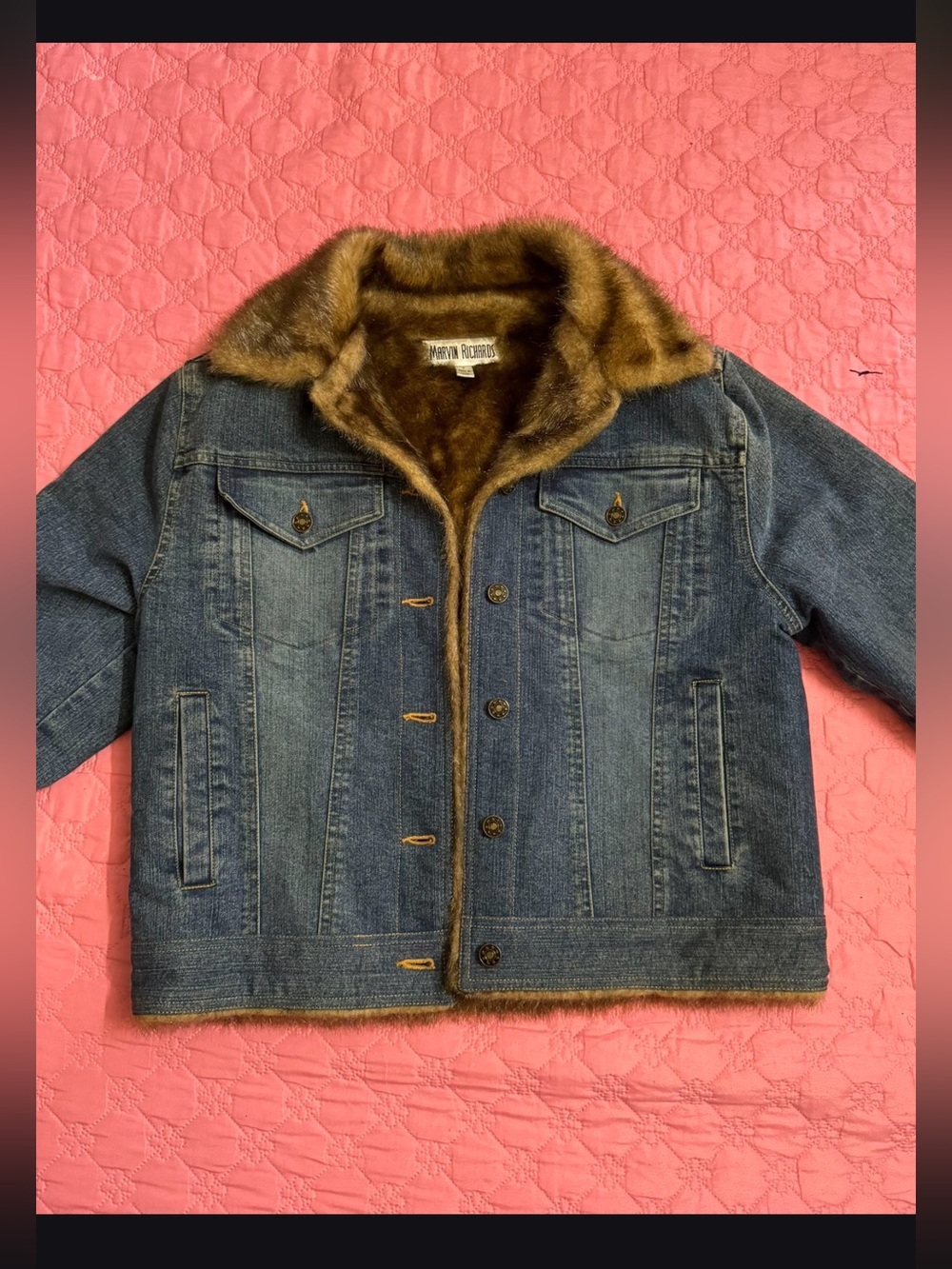 Vintage Marvin Richards Denim Jean Jacket Faux Fur Lined & Trim Coat | W SIZE S
